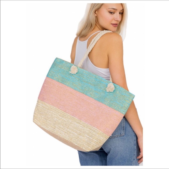 Handbags - Large Burlap Tote Aqua Pink Beige Gold Rope Handle